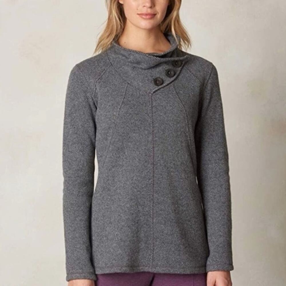 prAna Gray Long Sleeve Cowl Button Neck Recycled Wool Blend Ebba Sweater Size XS